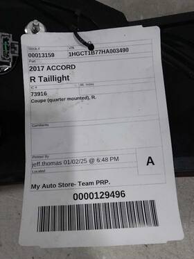 166-73916r Honda Passenger Tail Light Coupe Quarter Mounted Fits 16-17 Accord 369781