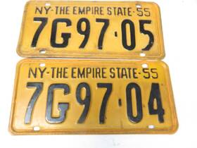 7g97-05 New York 7g97-04 Pair Consecutively Numbered 1955 License Plates And 7g97-05 New York 7g97-04 Pair Consecutively Numbered 1955 License Plates And